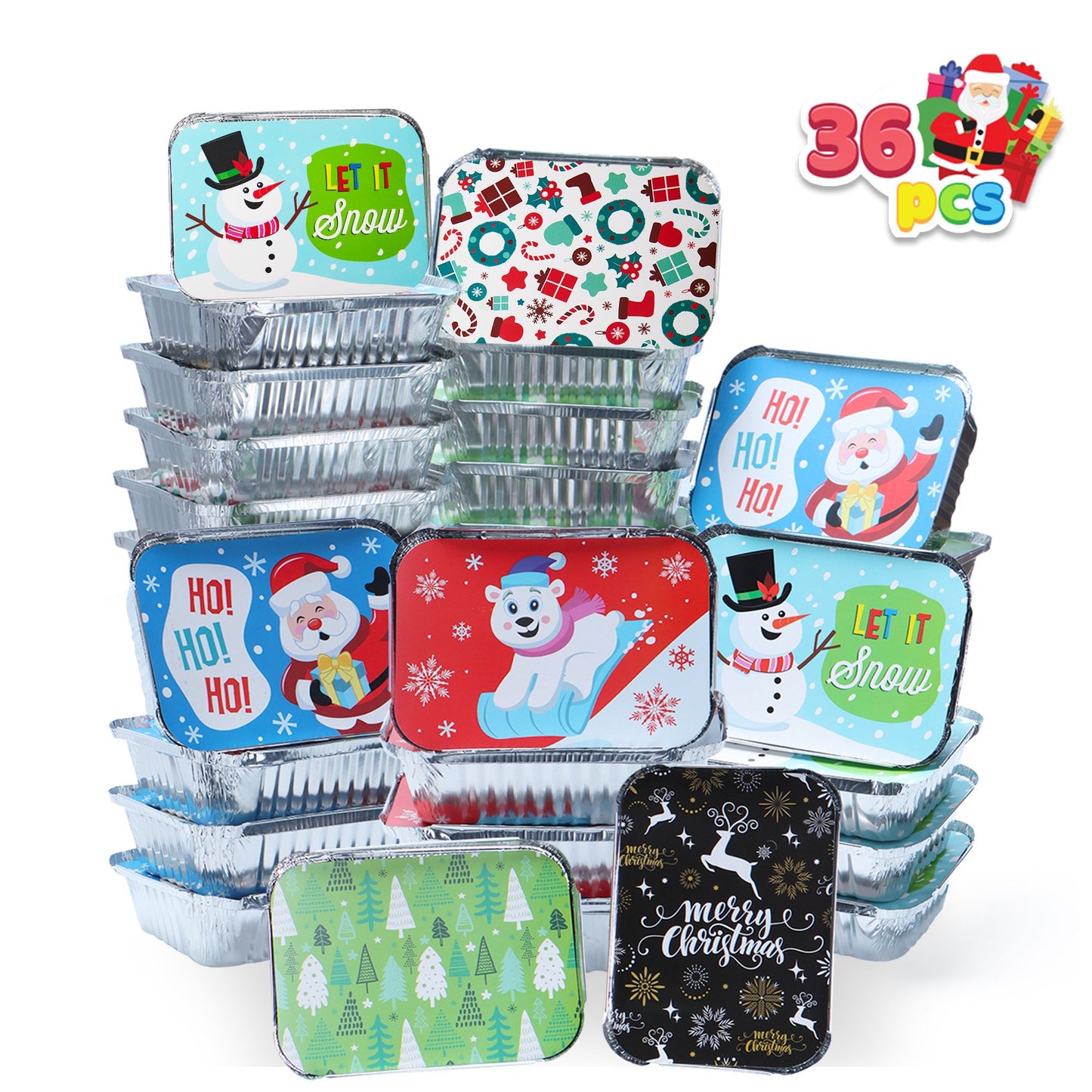 SYNCFUN 36 Pcs Christmas Foil Containers with Lids, 7"x5"x2" Rectangular Treat Foil Containers, Disposable Food Containers for Holiday Baking, Cooking, Heating, Storing, Prepping Food