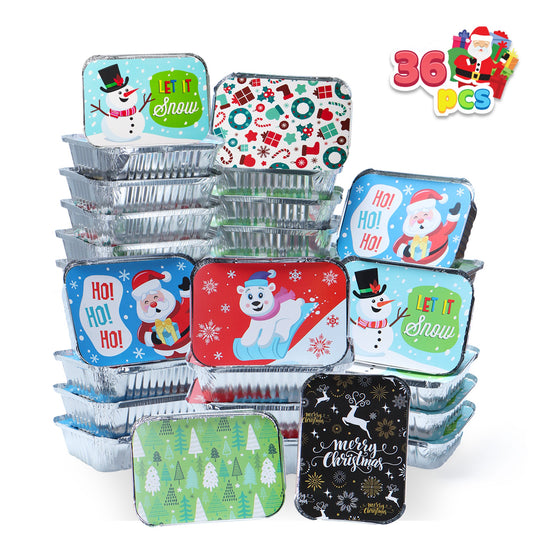 SYNCFUN 36 Pcs Christmas Foil Containers with Lids, 7"x5"x2" Rectangular Treat Foil Containers, Disposable Food Containers for Holiday Baking, Cooking, Heating, Storing, Prepping Food
