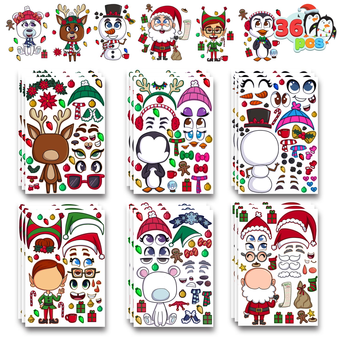 SYNCFUN 36 Pcs Christmas Make-a-face Sticker Sheets for Kids, Make Your Own Christmas Characters Mix and Match Sticker Sheets for Kids Party Favors Christmas Craft Kits