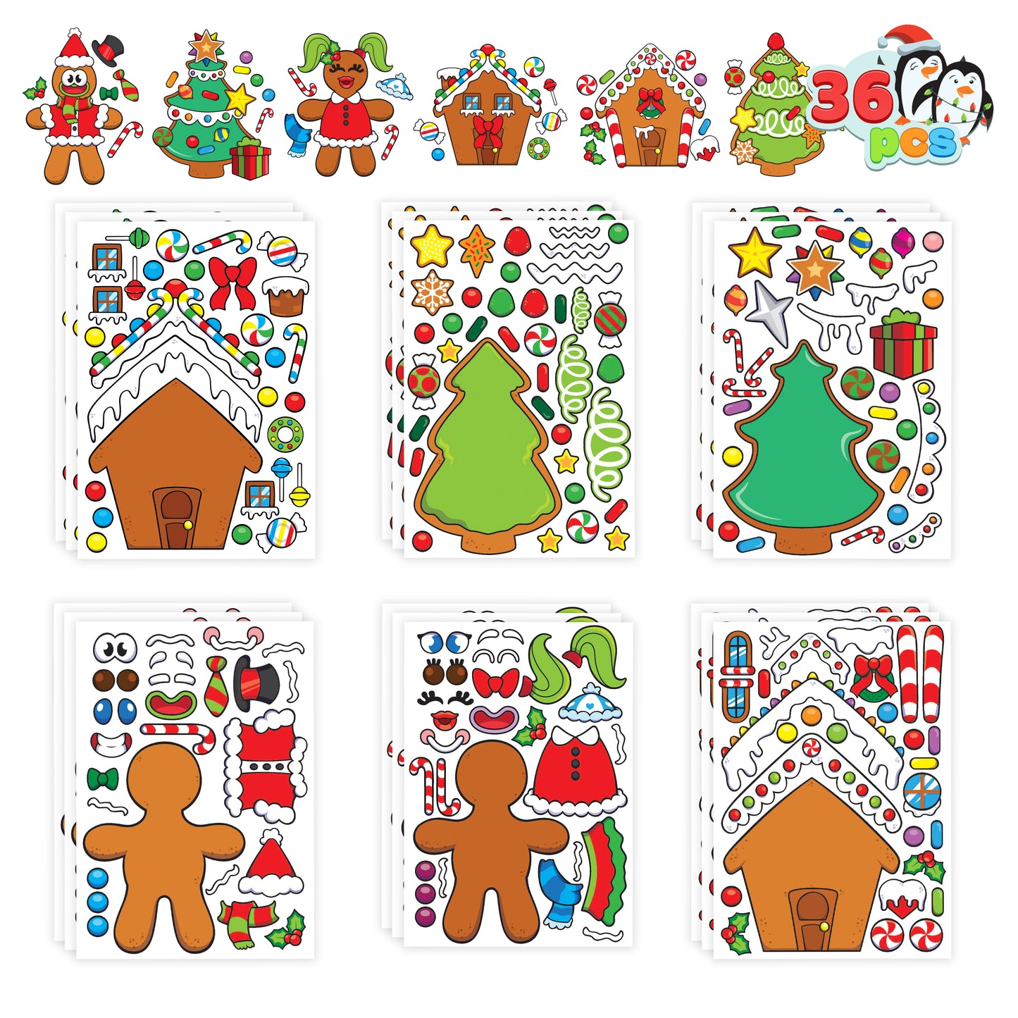 SYNCFUN 36 Pcs Christmas Make-a-face Sticker Sheets for Kids, Make Your Own Christmas Gingerbread Sticker Series and Trees Sticker Sheets for Kids Party Favors Christmas Craft