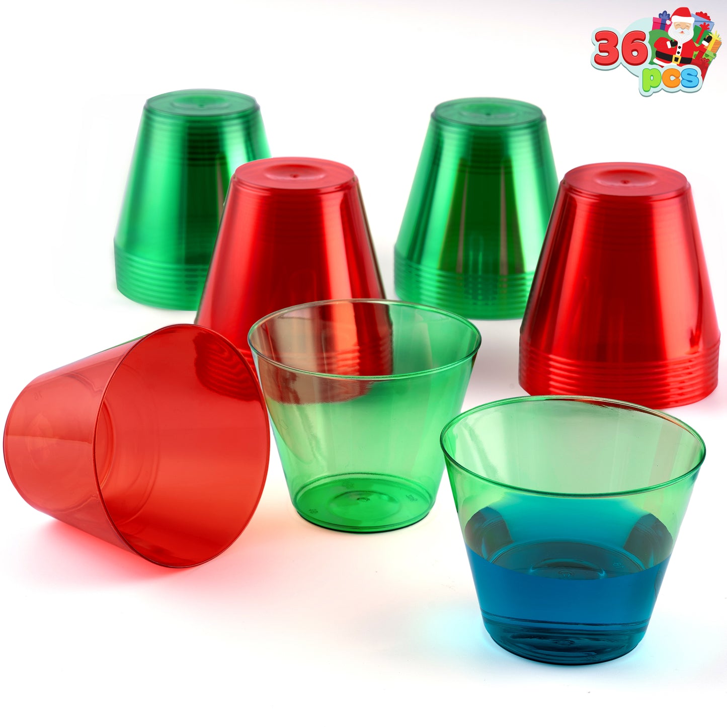 Joyfy 36 Pcs Clear Disposable Plastic Cups, 9 OZ Christmas Red and Green Plastic Drinking Cups, Plastic Wine Glasses for Xmas Party Supplies, Wedding, Thanksgiving, Birthday, Holiday, New Year