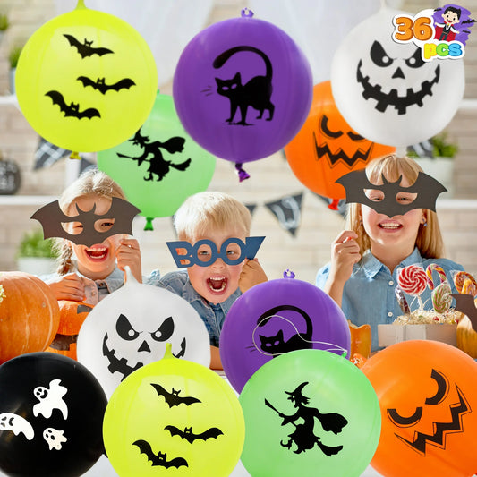 SYNCFUN 36 Pcs Halloween Punch Balloons,Halloween Toys for Kids,Halloween Party Favors Games,Halloween Treat Bag Fillers Prizes Goodies,Classroom Halloween Decorations