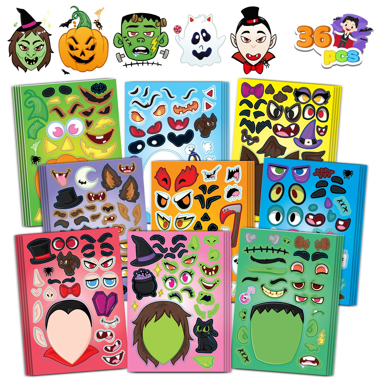 Joyfy 36 Pcs Halloween Stickers Make a Face Halloween Characters Stickers for Kids,Witch Vampire Self Adhesive DIY Decorations Stickers Fall Stickers Party Favors for Kids,Halloween Craft