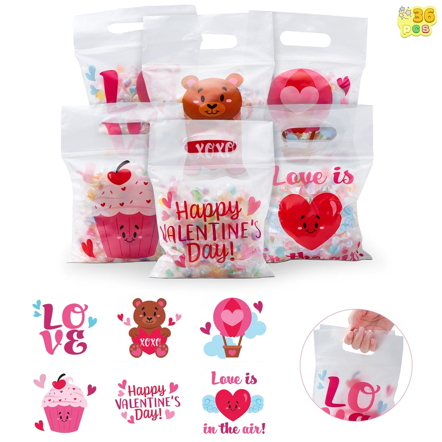 36 Pcs Valentine's Day Cellophane Bag with Designs,Candy Goody Treat Gifts Bags for Kids Classroom,Valentine Bags for Kids