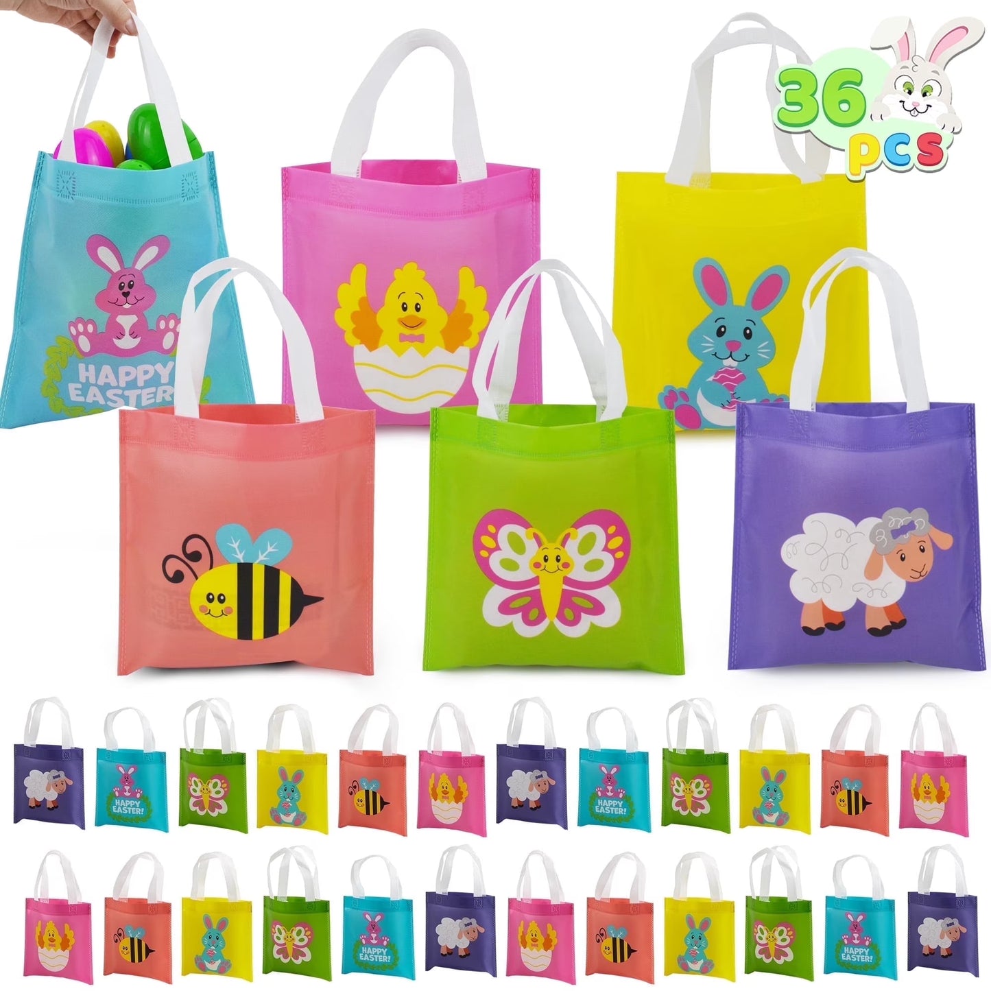 Joyfy 36pcs Easter Bags, Non Woven Reusable Easter Tote Bags Bulk with Handles, 8.7 Inches 6 Designs Gift Bags for Kids Egg Hunt Game, Party Treat, Party Favors