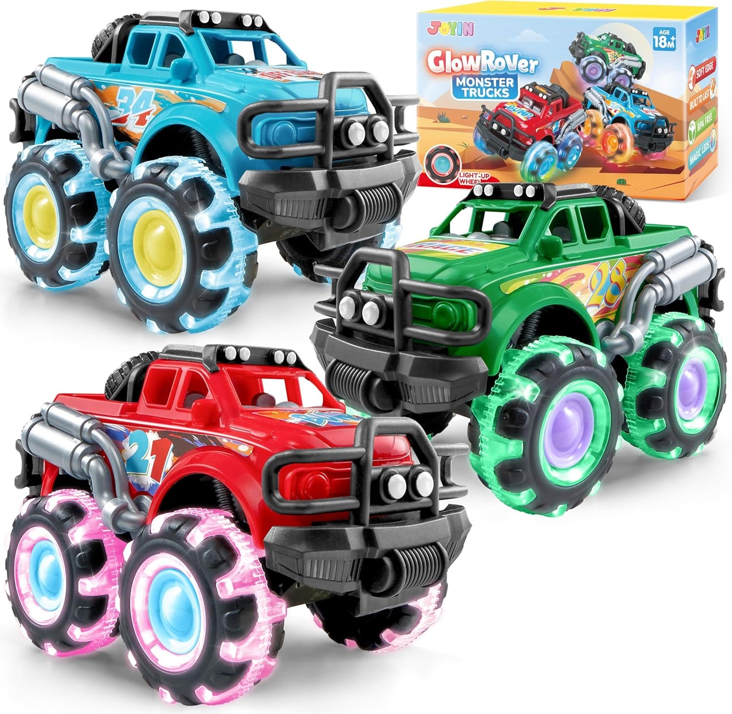 Joyfy 3PCS Monster Friction-Powered Truck Toy, Friction Powered Toy Truck with Flashing LED Wheel, Best Birthday Gift for Boys Girls