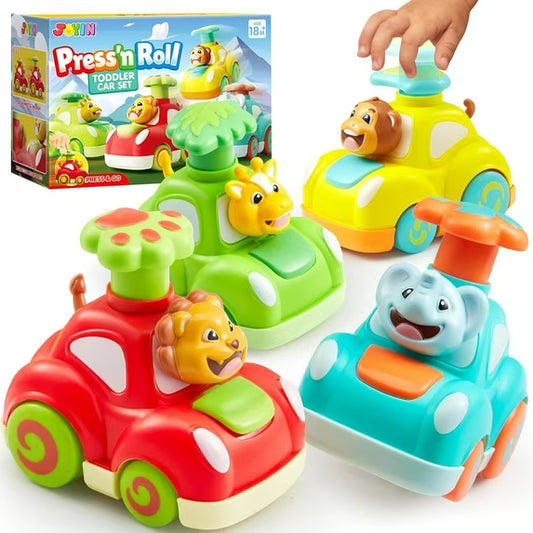 SYNCFUN 4 Pack Animal Toy Cars, Press and Go Cars Includ Elephant, Monkey, Giraffe and Lion, Wind Up Toddler Present, Best Birthday Gift for Boys and Girls