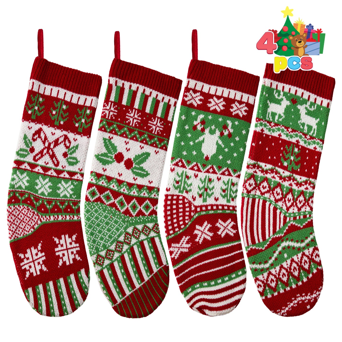 Joyfy 3 Pcs 18" Knit Christmas Stockings, Large Rustic Cable Knit Xmas Stocking in Red & Green for Family Holiday Season Decorations