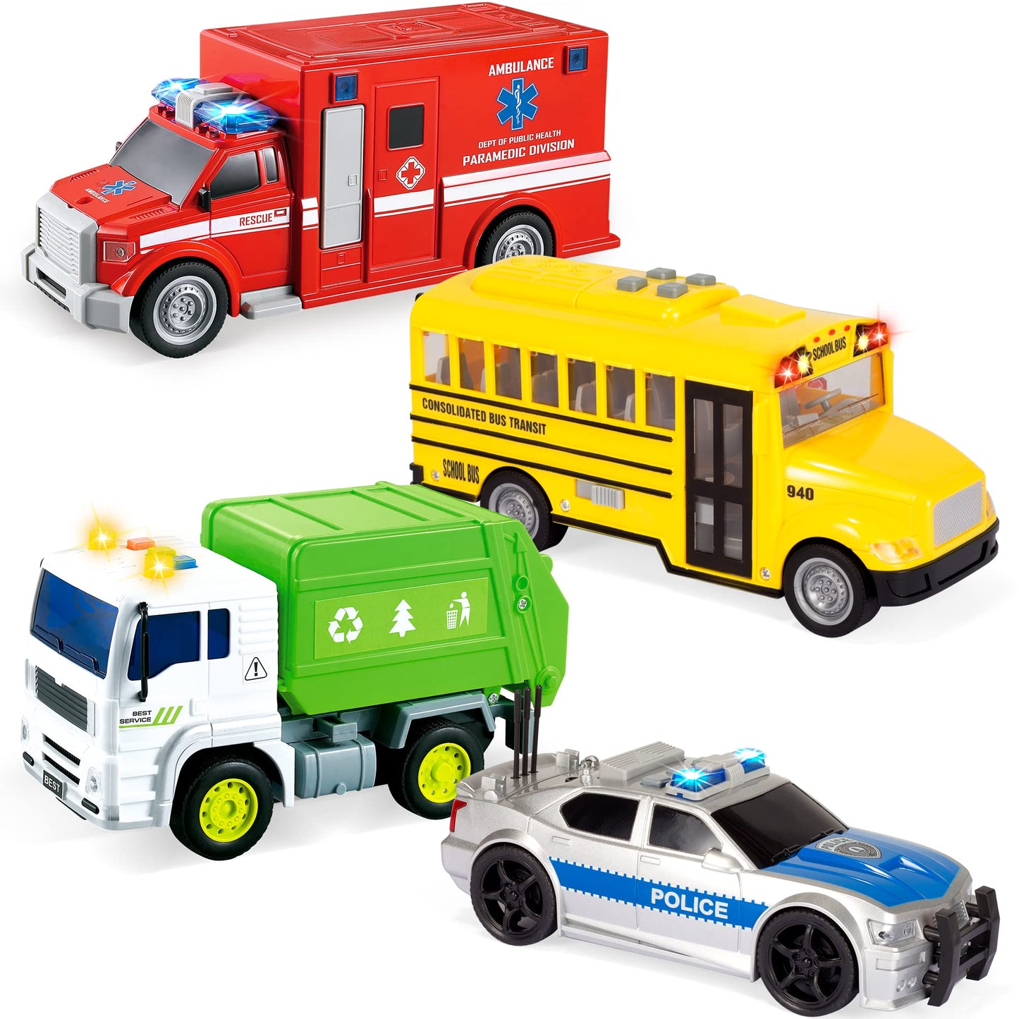 SYNCFUN 4 Pcs 7" Long Vehicle Toy Set, Toddler Car Toys Including Police Car, School Bus, Garbage Truck, Ambulance, Birthday Gifts Toys for Boys 2 3 4 5 6 Years Old