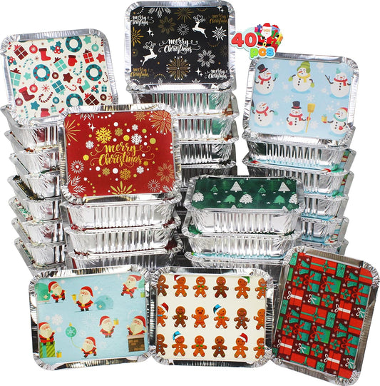 SYNCFUN 40 Pcs Christmas Foil Containers with Lid, Aluminum Foil Pans with Lids, 7"x5"x2" Disposable Foil Pans with Covers, Food Containers Great for Baking, Cooking, Heating, Storing, Prepping Food