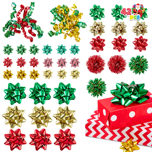 Joyfy 42 Pcs Christmas Gift Pull Bows with Ribbon Assorted Size Self Adhesive Gift Wrapping Accessory for Presents, Bows, Baskets, Wine Bottles Decoration, Gift Wrapping and Decoration Present