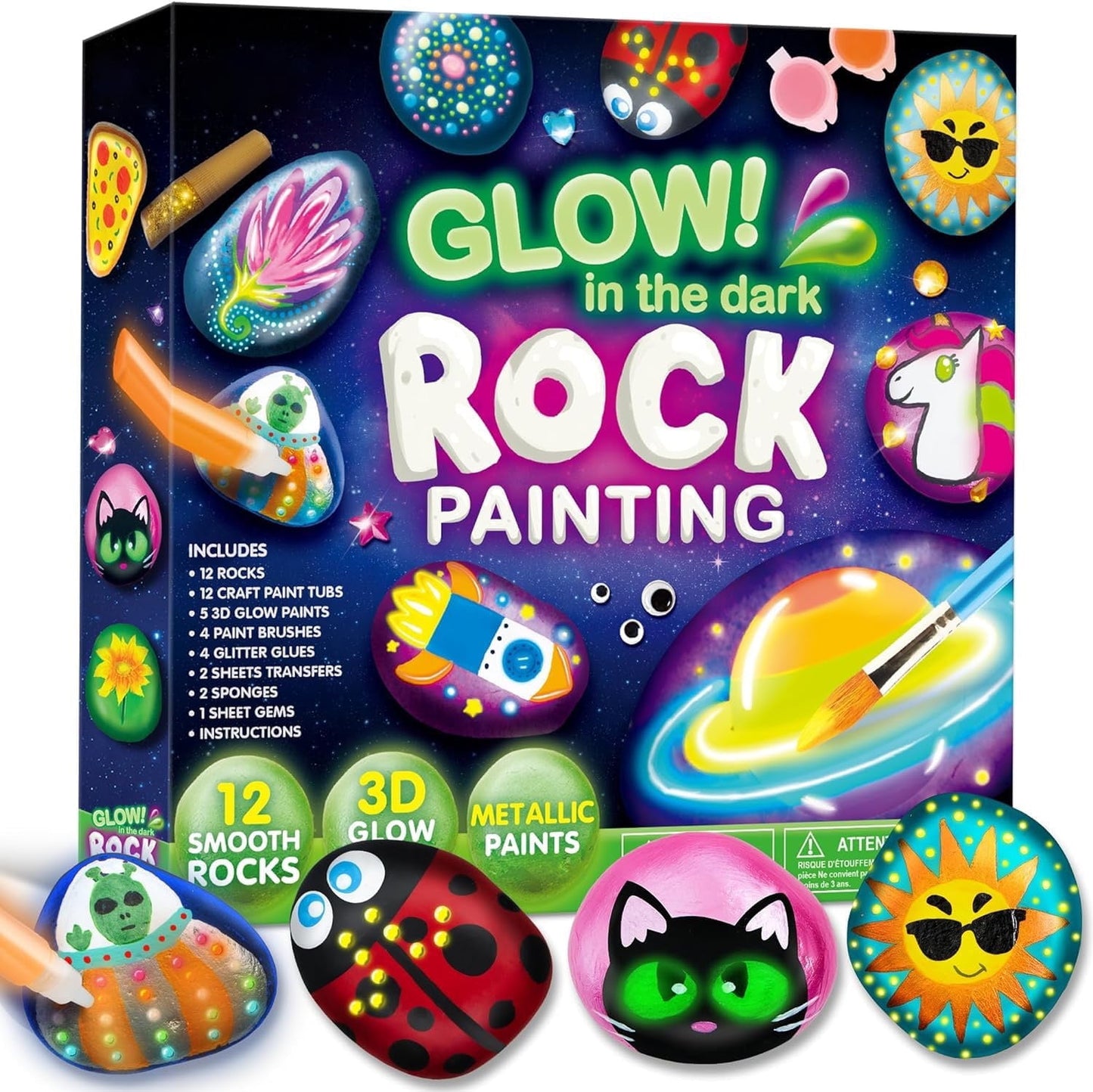 SYNCFUN 43Pcs Rock Painting Kit for Kids, 12 Pcs Glow in The Dark Rock Painting, Arts and Crafts for Kids Ages 4-6-8-12