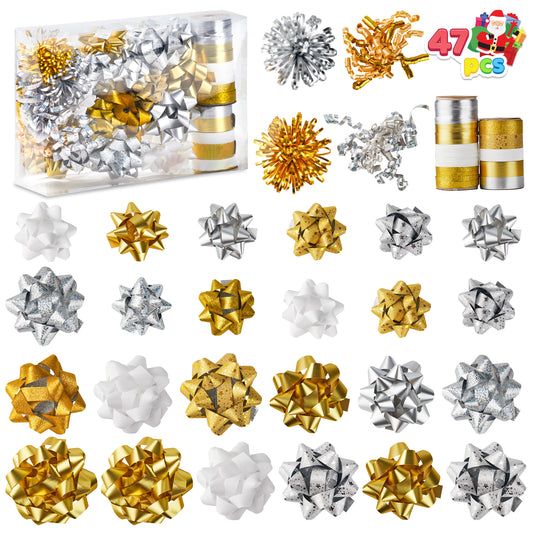 SYNCFUN 47 Pcs Christmas Gift Bows & Gift Ribbons, 34 Multi-Colored Assorted Size Self Adhesive Gift Bows, 2 Curly Bows, 2 Tinsel Bows and 9 Rolls of Curling Ribbons for Present Wrapping