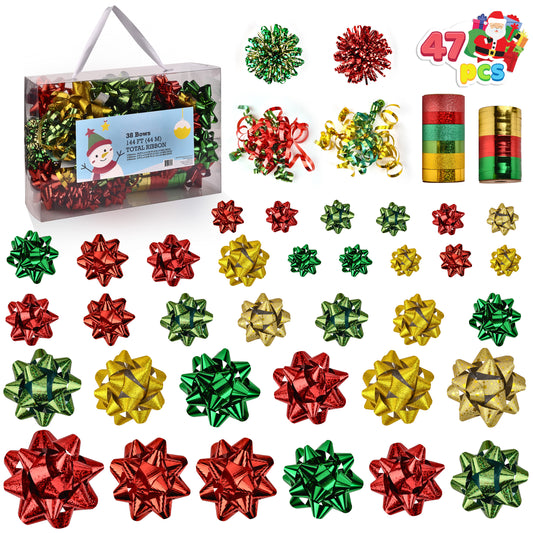 Joyfy 40 Pcs Christmas Gift Bows & Ribbons, 34pcs Assorted Size Self Adhesive Gift Bows, 2 Curly Bows, 2 Tinsel Bows and 2 Rolls of Curling Ribbons for Present Wrapping