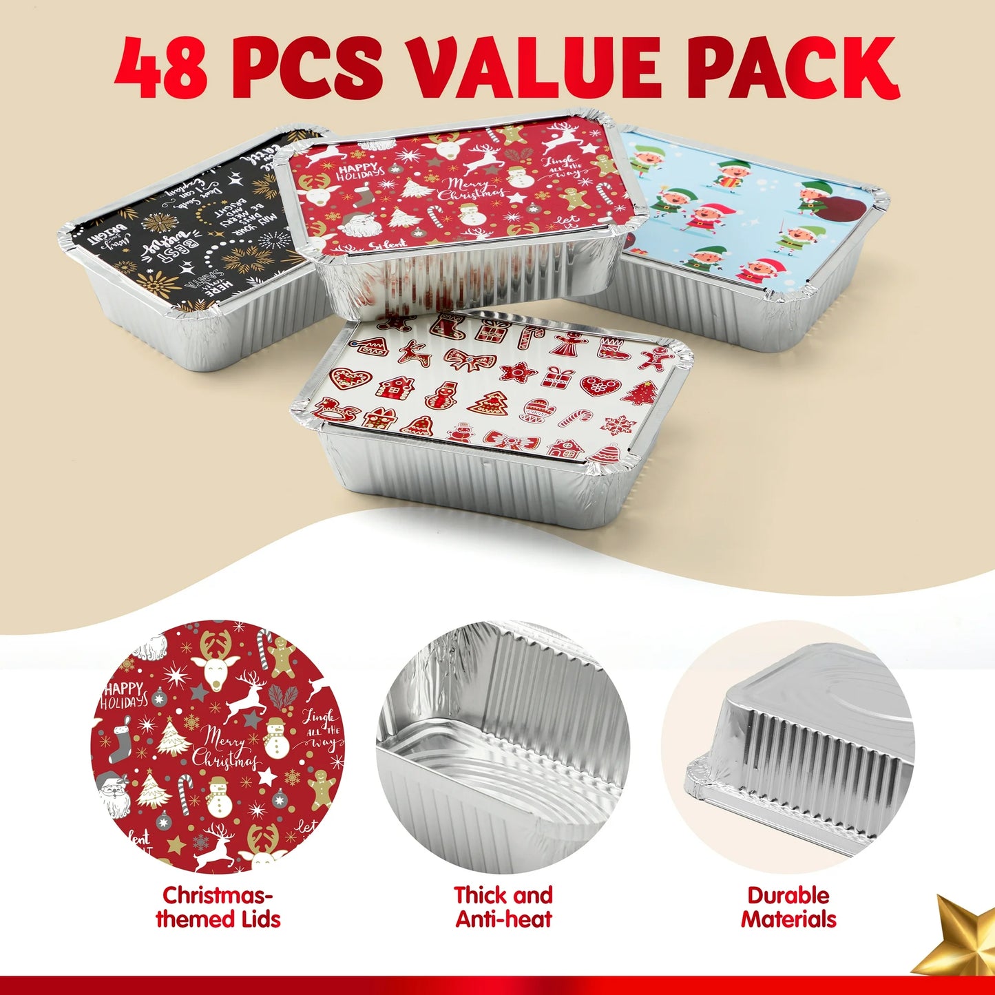 SYNCFUN 48 Pcs Christmas Cookie Tins with Lids for Gift Giving, Rectangular Treat Foil Containers, Disposable Food Storage Pan for Holiday Leftovers Goodie Container or Cookie Exchange
