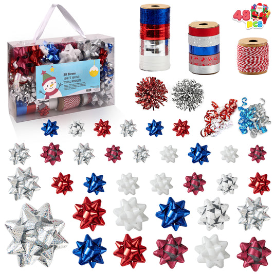 SYNCFUN 48 Pcs Christmas Gift Bows & Gift Ribbons, 34 Multi-Colored Assorted Size Self Adhesive Gift Bows, 2 Curly Bows, 2 Tinsel Bows and 10 Rolls of Curling Ribbons for Gift Wrapping