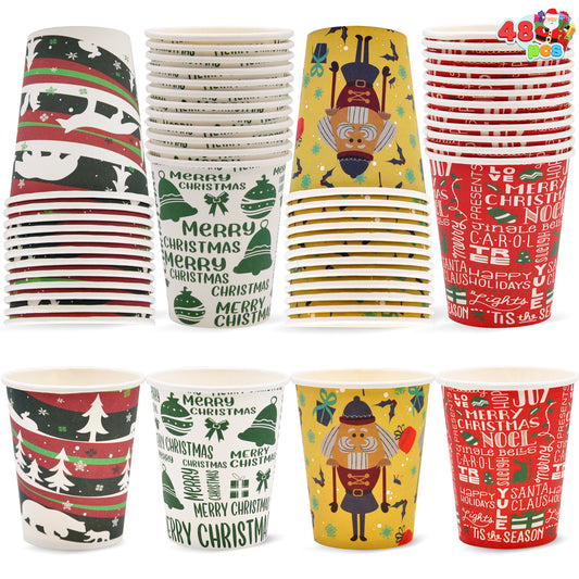 Joyfy 48 Pcs Christmas Paper Cup with Holiday Design, 9 oz Xmas Disposable Dinnerware Cups Party Supplies for Hot and Cold Beverages, Coffee Cups