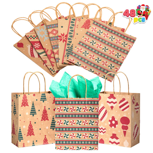 Joyfy 48 Pcs Christmas Present Bags, Kraft Bags with Handle for Christmas Party Favors, Gift Giving, Holidays Decorations, Xmas Treat Bags