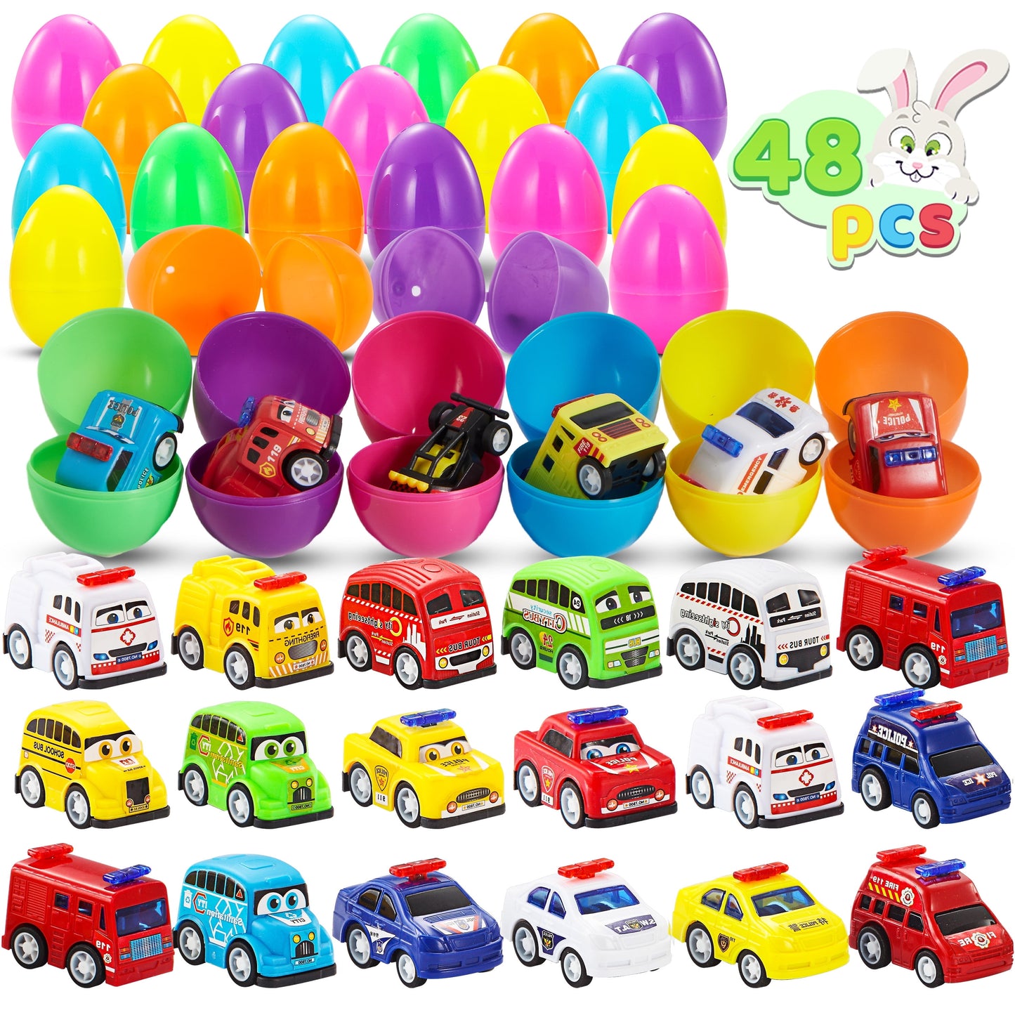 48 Pcs Easter Eggs with Toys Set (24 Easter Eggs and 24 Mini Pull Back Cars),Easter Eggs with Toys Fillers for Toddlers,Easter Egg Hunt Easter Basket Stuffers for Kids