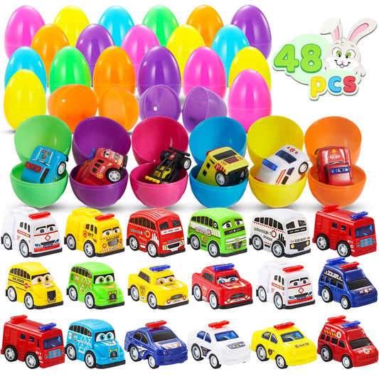 48 Pcs Easter Eggs with Toys Set (24 Easter Eggs and 24 Mini Pull Back Cars),Easter Eggs with Toys Fillers for Toddlers,Easter Egg Hunt Easter Basket Stuffers for Kids