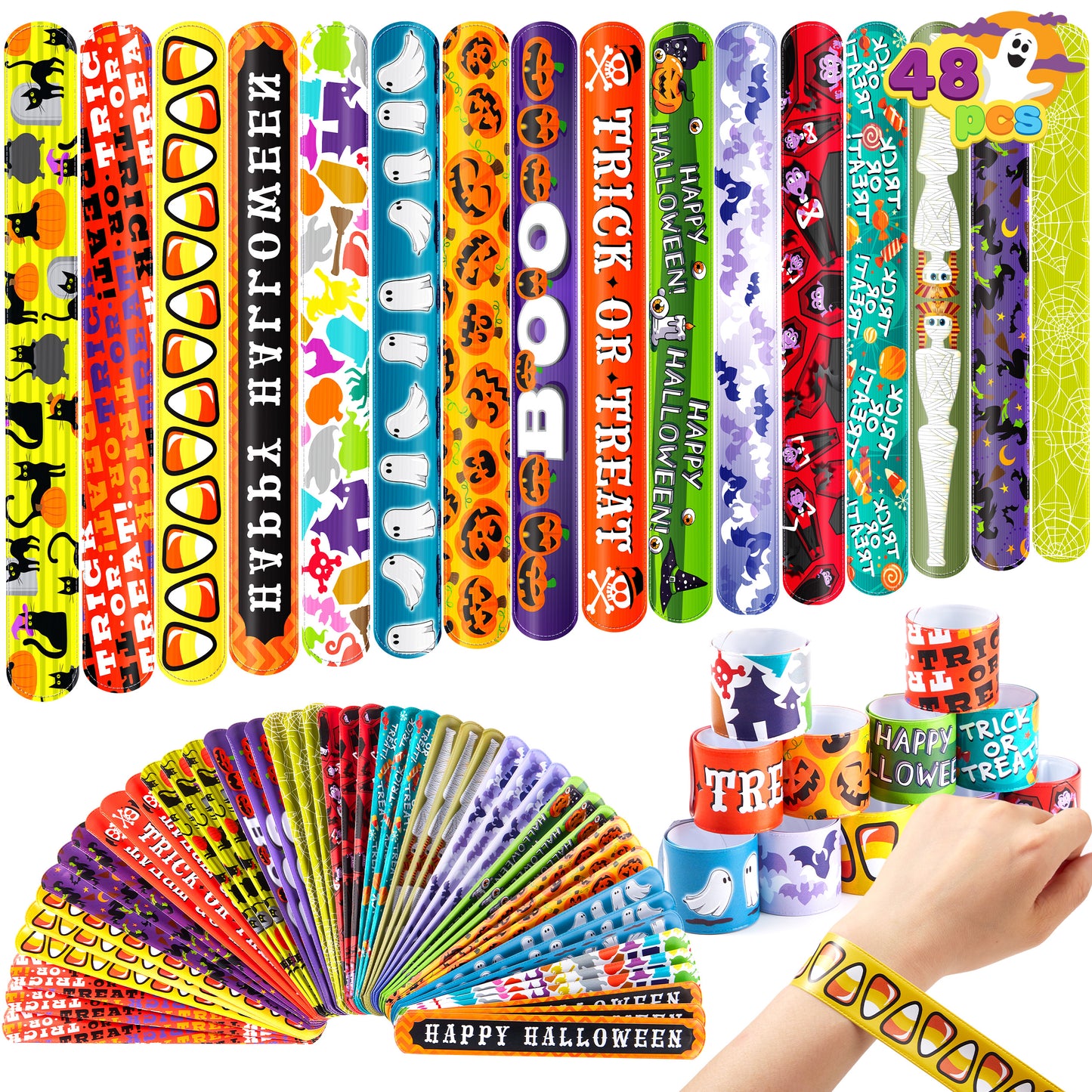 Joyfy 48 Pcs Halloween Slap Bracelets for Kids,Halloween Toys Bulk with Spider,Pumpkins,Animal Print for Prizes Gift Trick or Treat Party Favors,Halloween Crafts for Kids,Classroom Favors