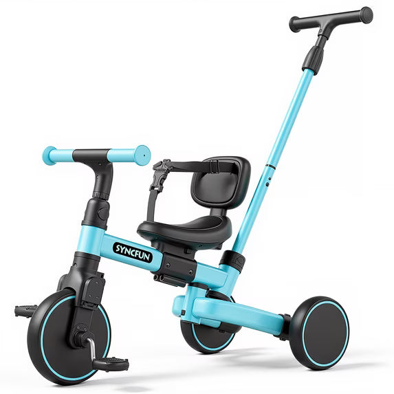SYNCFUN 5-in-1 Kids Tricycle for 1-5 Year Old, Convertible Push Trike with Parent Steering Handle, Balance & Pedal Bike, Adjustable Seat & Handlebar, Ideal Birthday Gift for Toddler Boys Girls（Blue）