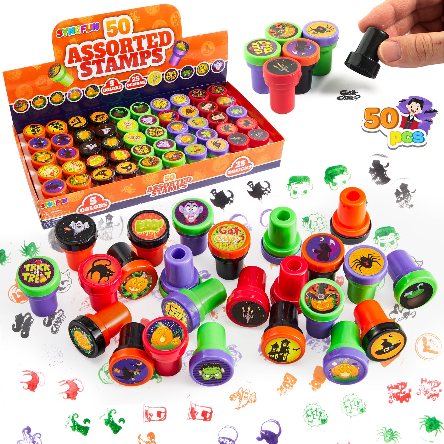 SYNCFUN 50 Pcs Halloween Assorted Stamps for Kids,Halloween Stampers Halloween Stuff Halloween Goodies Bags Prizes,Halloween Toys for Trick or Treaters Gift,Halloween Party Favor