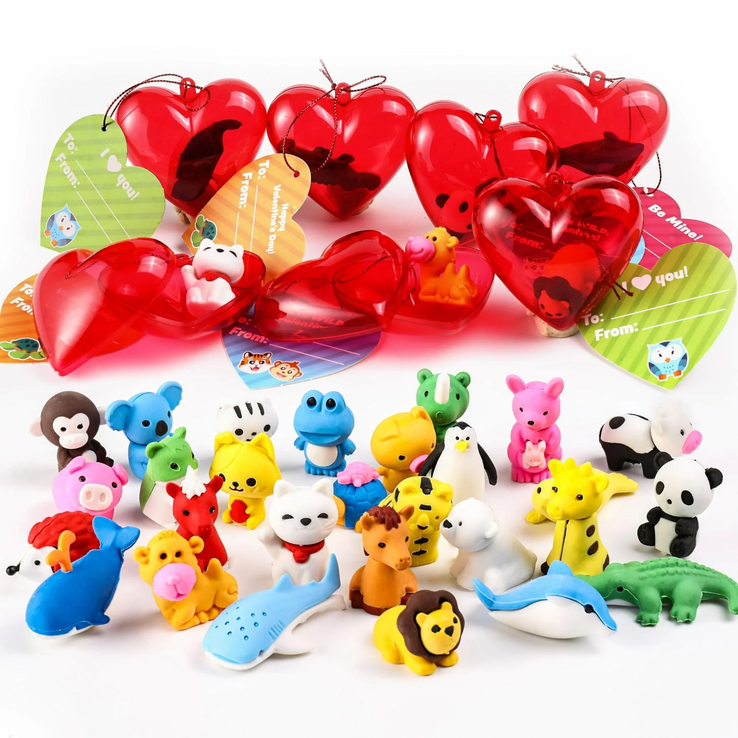 SYNCFUN 56 Pcs Valentines Cards for Kids( 28 Erasers and 28 Cards),Animal Erasers Bulk with Red Heart Boxes for Valentines Classroom Exchange Cards Gifts