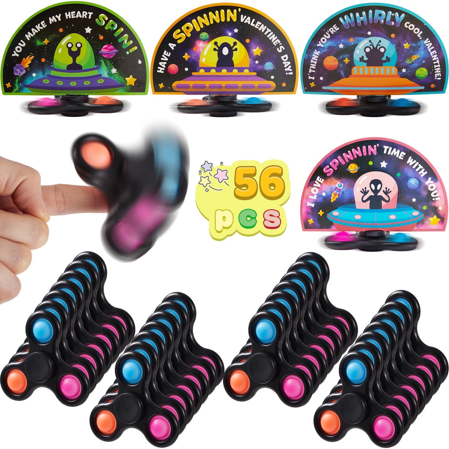 30 Packs Valentine's Day 6-Design Gift Cards with Fidgets Spinners, Deformable DIY Spinners Fingertip, Stress Relief Fidget Toys for Kids and Valentine's Party Favors, Classroom Gift Exchange