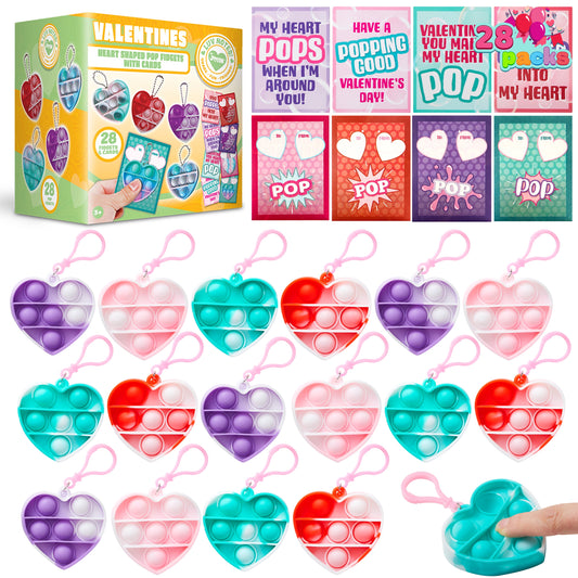 56pcs Valentines Toy Set (28 Cards with 28 Pop Bubble Key Chains) for Kids, Stress Relief Fidget Toys, Valentines Exchange Pack, Valentines School Classroom Party Favors