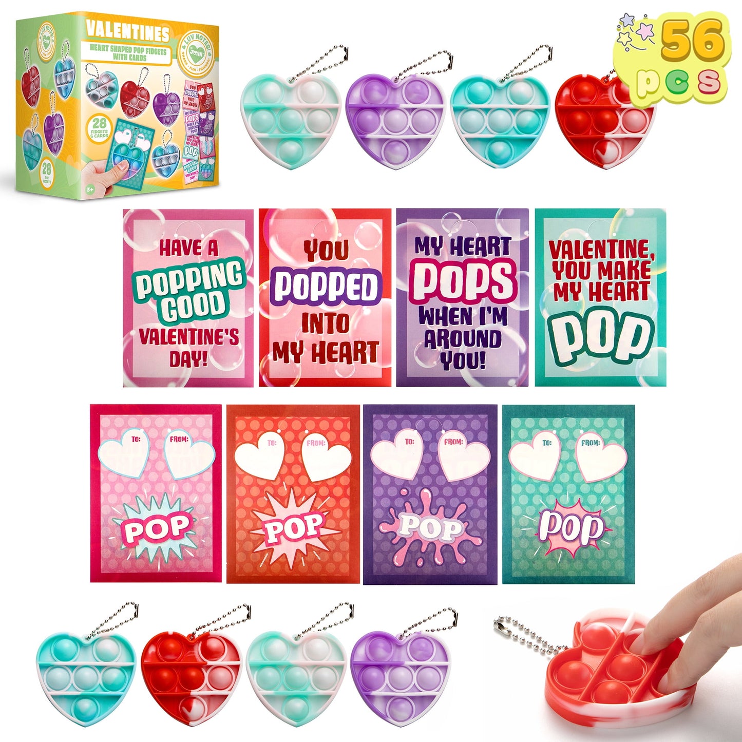 56pcs Valentines Toy Set (28 Cards with 28 Pop Bubble Key Chains) for Kids, Stress Relief Fidget Toys, Valentines Exchange Pack, Valentines School Classroom Party Favors