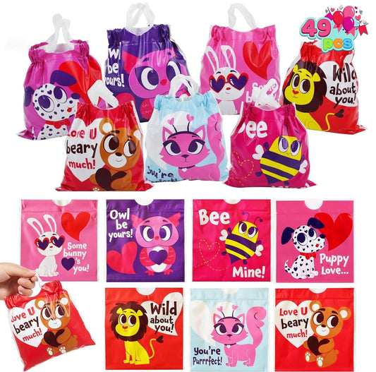 49 Pcs Valentines Day Bags with Drawstring for Kids,Valentines Gift Bags Candy Goody Bags for Kids Valentines Day Party Favor