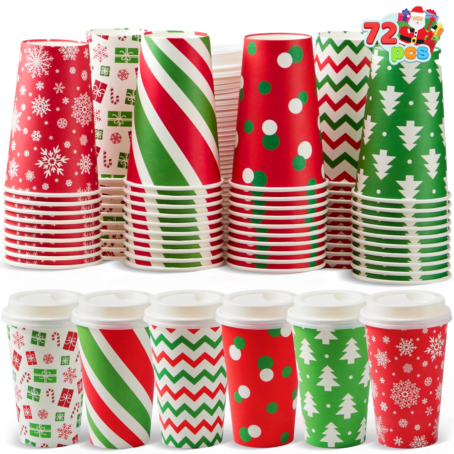 Joyfy 72 Pcs Christmas Disposable Paper Cups, 16 oz Xmas Dinnerware Cups With Cup Sleeves and Lids, 6 Designs Hot/Cold Beverages Tableware for Holiday Party Supplies