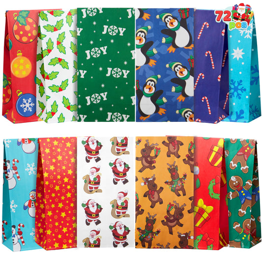 Joyfy 72 Pcs Christmas Holiday Gift Bags, 12 Assorted Christmas Designs Goodie Bags for Classrooms, Party Favors, Small Gift Bags, Kraft Bags and Christmas Craft Bags
