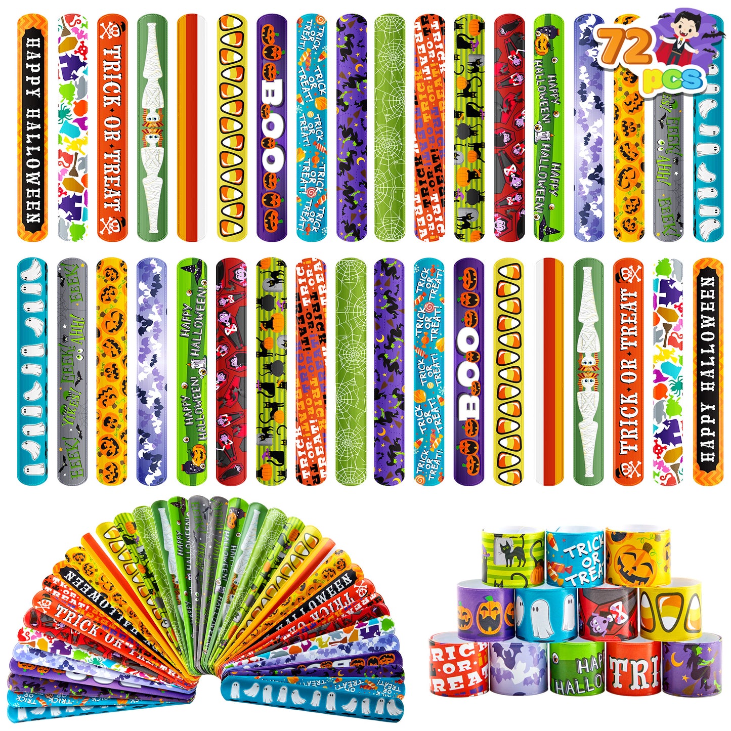 SYNCFUN 72 Pcs Halloween Slap Bracelets for Kids,Halloween Toys Bulk with Spider,Pumpkins,Animal Print for Prizes Gift Trick or Treat Party Favors,Halloween Crafts for Kids,Classroom Favors