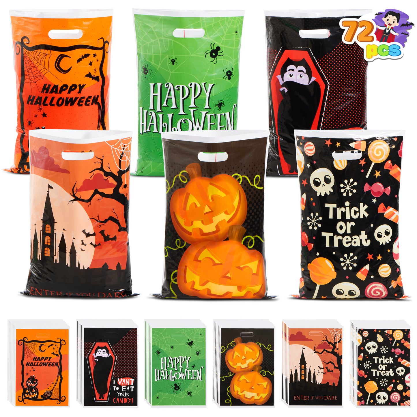 SYNCFUN 72 Pcs Halloween Treat Bags Goodie Bags Plastic Halloween Candy Bags Trick or Treat Creepy Designs Halloween Bags for Kids Trick or Treat,Classroom Goody Bags