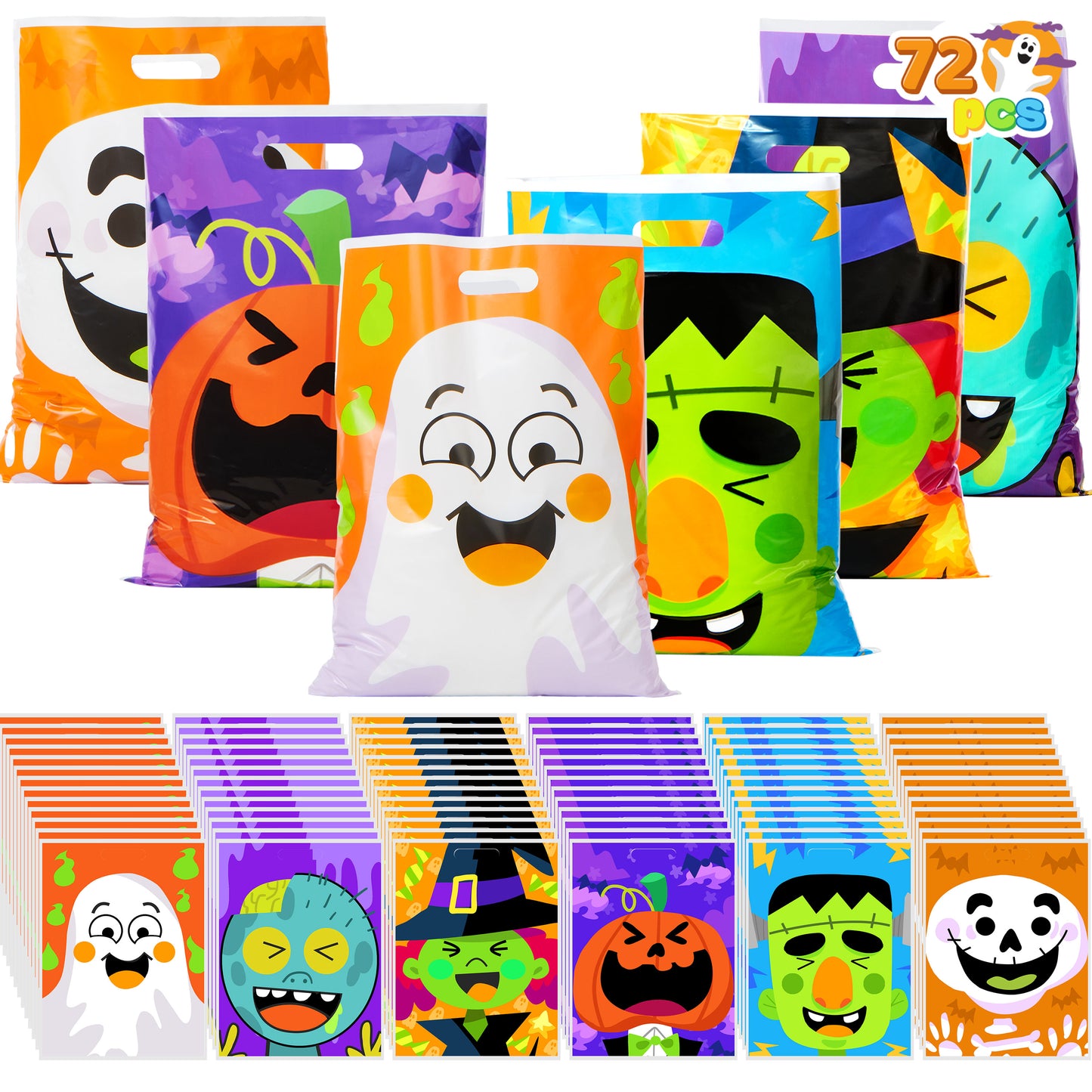 SYNCFUN 72 Pcs Halloween Treat Bags Goodie Bags Plastic Halloween Candy Bags Trick or Treat Creepy Designs Halloween Bags for Kids Trick or Treat,Classroom Goody Bags