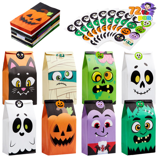 SYNCFUN 72 Pcs Halloween Treat Bags with Sticker,Goodie Bags Paper Halloween Candy Bags Trick or Treat Creepy Designs Halloween Bags for Kids Trick or Treat,Classroom Goody Bags