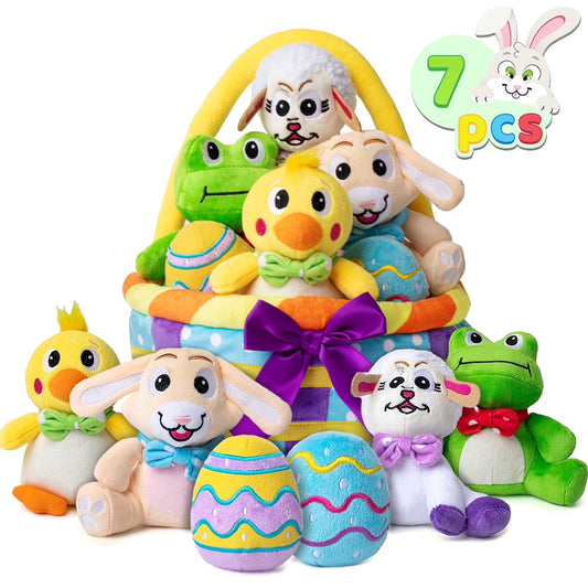 Joyfy 7Pcs Easter Basket for Kids,Basket Stuffers Fillers,Easter Basket Stuffed Animal Plush Playset,Easter Toys for Easter Party Favor Supplies,Easter Eggs Hunt