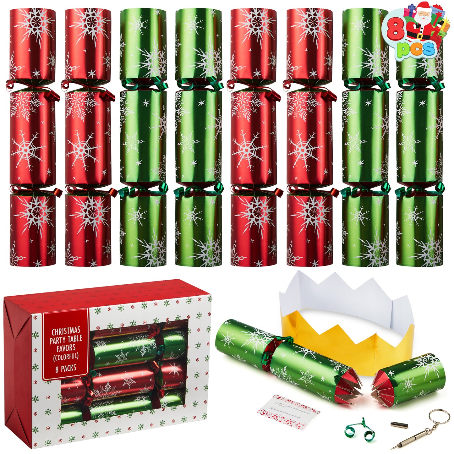 Joyfy 8 Pcs Christmas Crackers Party Favor Non-Snap Red & Green Snowflake Design Party Table Favors with Holiday Party Favor Supplies for Kids and Adults, Christmas Parties, Dinners & Holidays