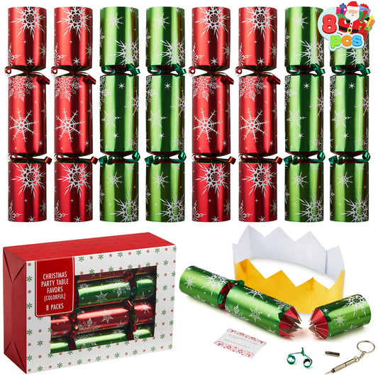Joyfy 8 Pcs Christmas Crackers Party Favor Non-Snap Red & Green Snowflake Design Party Table Favors with Holiday Party Favor Supplies for Kids and Adults, Christmas Parties, Dinners & Holidays