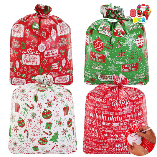 Joyfy 8 Pcs Jumbo Christmas Goody Gift Bags 44”x 36” Heavy Duty Santa Bags Large Size Gift Bags with Tag Christmas Wrapping for Xmas Present