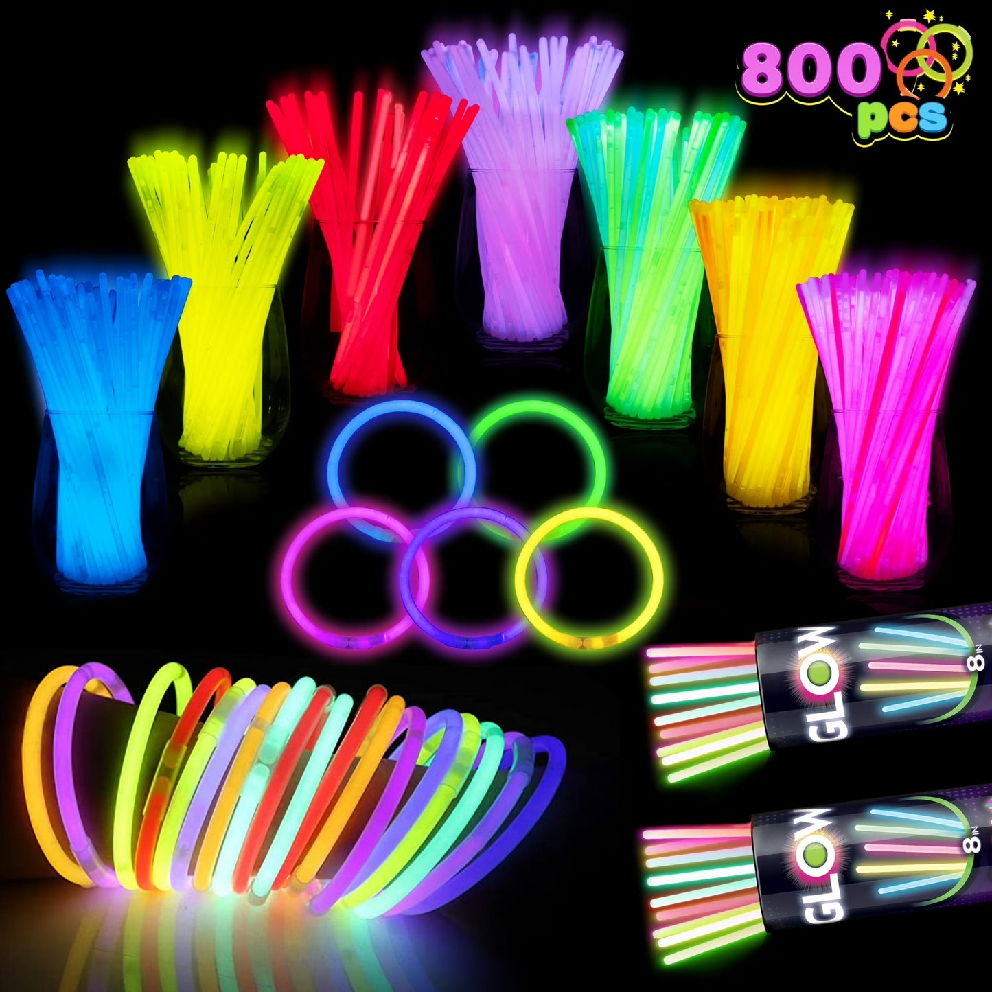 Joyfy 800 Pcs Glow Sticks Bulk 8" Bracelets Necklaces Glow in the Dark Glowsticks Super Bright Light Up Party Favors Neon Party Supplies for Halloween Christmas Easter
