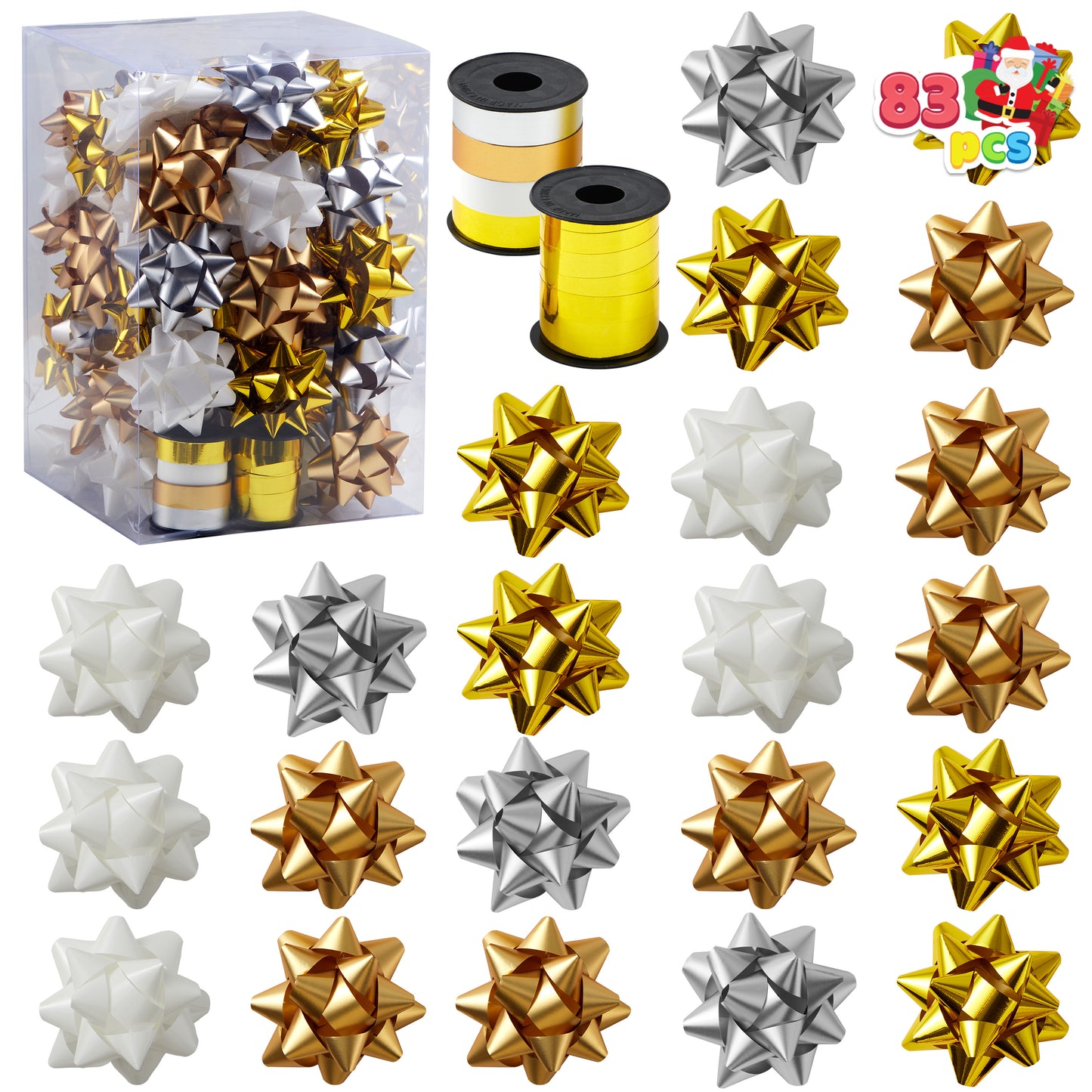 SYNCFUN 83 Pcs Christmas Gift Bows & Gift Ribbons, 75pcs 3" Christmas Self Adhesive Gift Bows (Gold, Silver, White) and 8 Rolls of Christmas Curling Ribbons for Baskets, Wine Bottles, Gift Wrapping