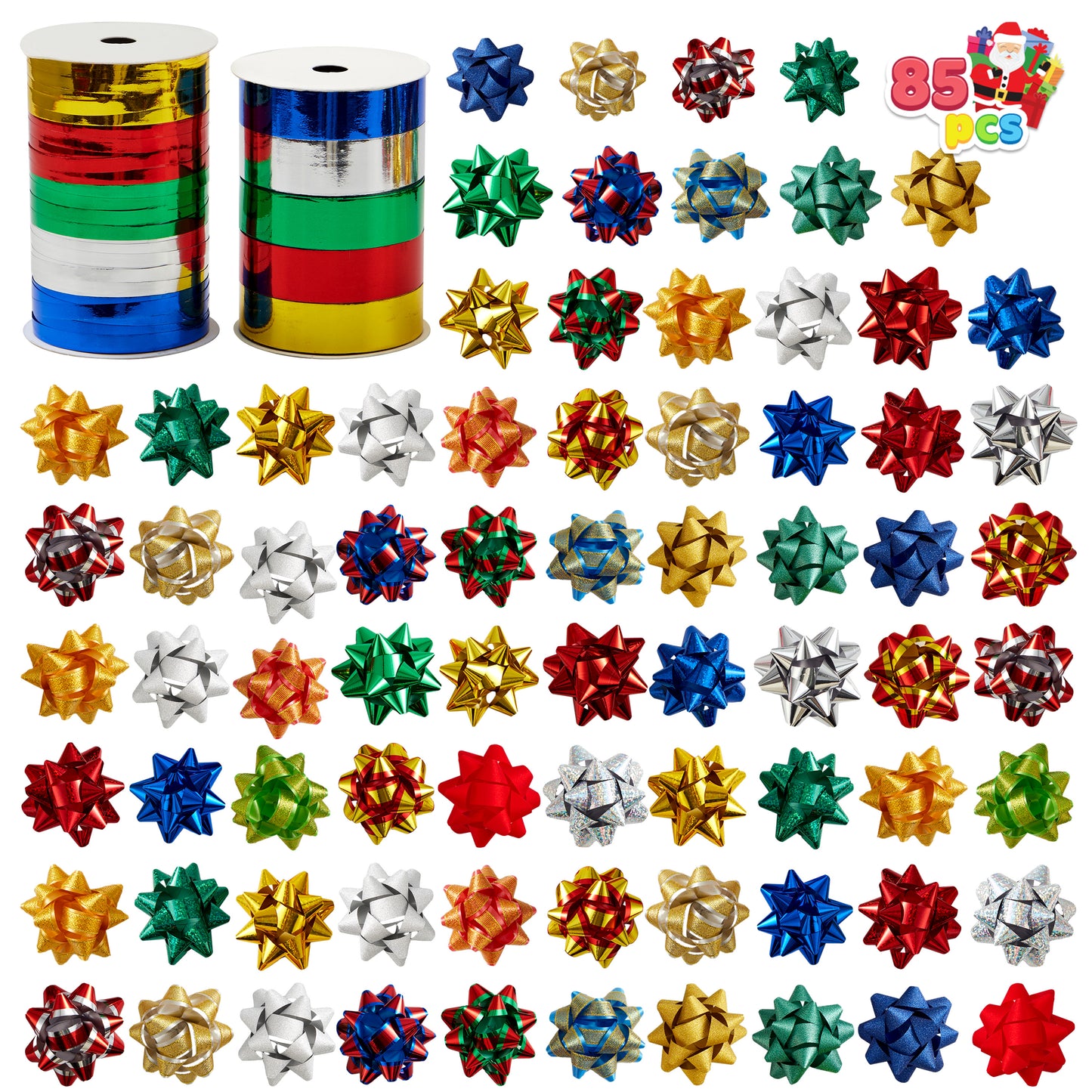 Joyfy 77 Pcs Christmas Gift Bows & Gift Ribbons, 75pcs 3 Inch Christmas Self Adhesive Gift Bows and 2 Rolls of Christmas Curling Ribbons for Baskets, Wine Bottles, Gift Wrapping