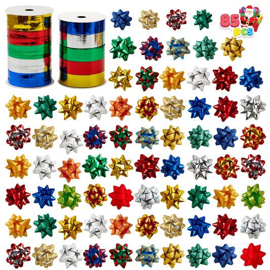 Joyfy 77 Pcs Christmas Gift Bows & Gift Ribbons, 75pcs 3 Inch Christmas Self Adhesive Gift Bows and 2 Rolls of Christmas Curling Ribbons for Baskets, Wine Bottles, Gift Wrapping