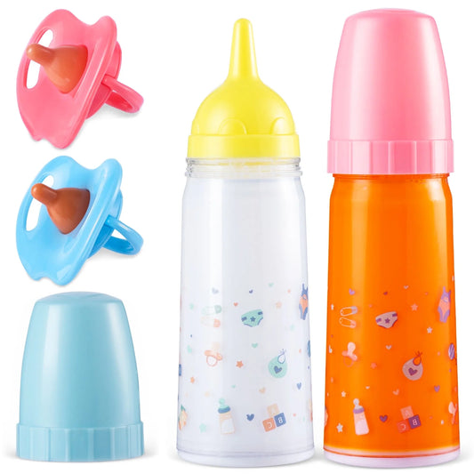 SYNCFUN Baby Doll Magic Bottle Set, 2 Disappearing Magic Milk & Juice Bottles with Caps and 2 Toy Pacifiers for Girls Christmas Birthday Gift