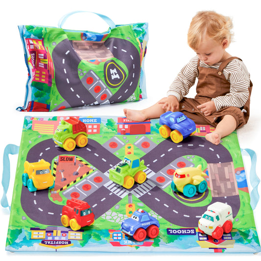 SYNCFUN 8 PCS Toy Cars for Toddlers, Rubber Cartoon Cars with Play Mat, Mini Bath Toy Car for Toddlers, Toddler Boy Toys Birthday Gift, Party Favors for Kids Toddlers 2 3+ Year Old