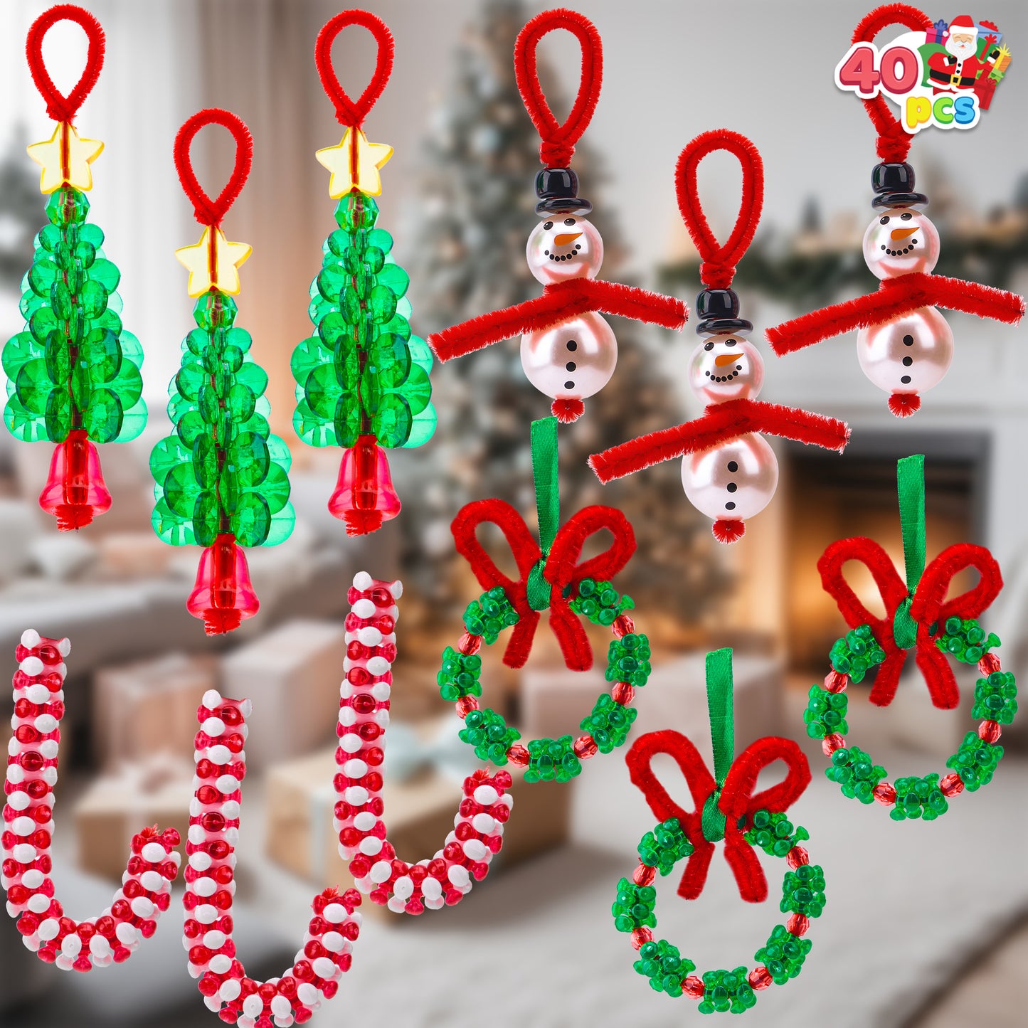 Joyfy Christmas Beaded Ornament Craft, Make up to 40 Hanging Ornaments of Snowman, Xmas Tree,Candy Canes and Wreaths for DIY Xmas Ornaments Craft(Age 14+)
