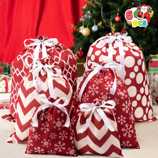 Joyfy Christmas Drawstring Gift Bags, 6Pcs Santa Sack Large Medium Small Sized Gift Wrapping Bag Set Xmas Party Supply Giant Gifts Decorations